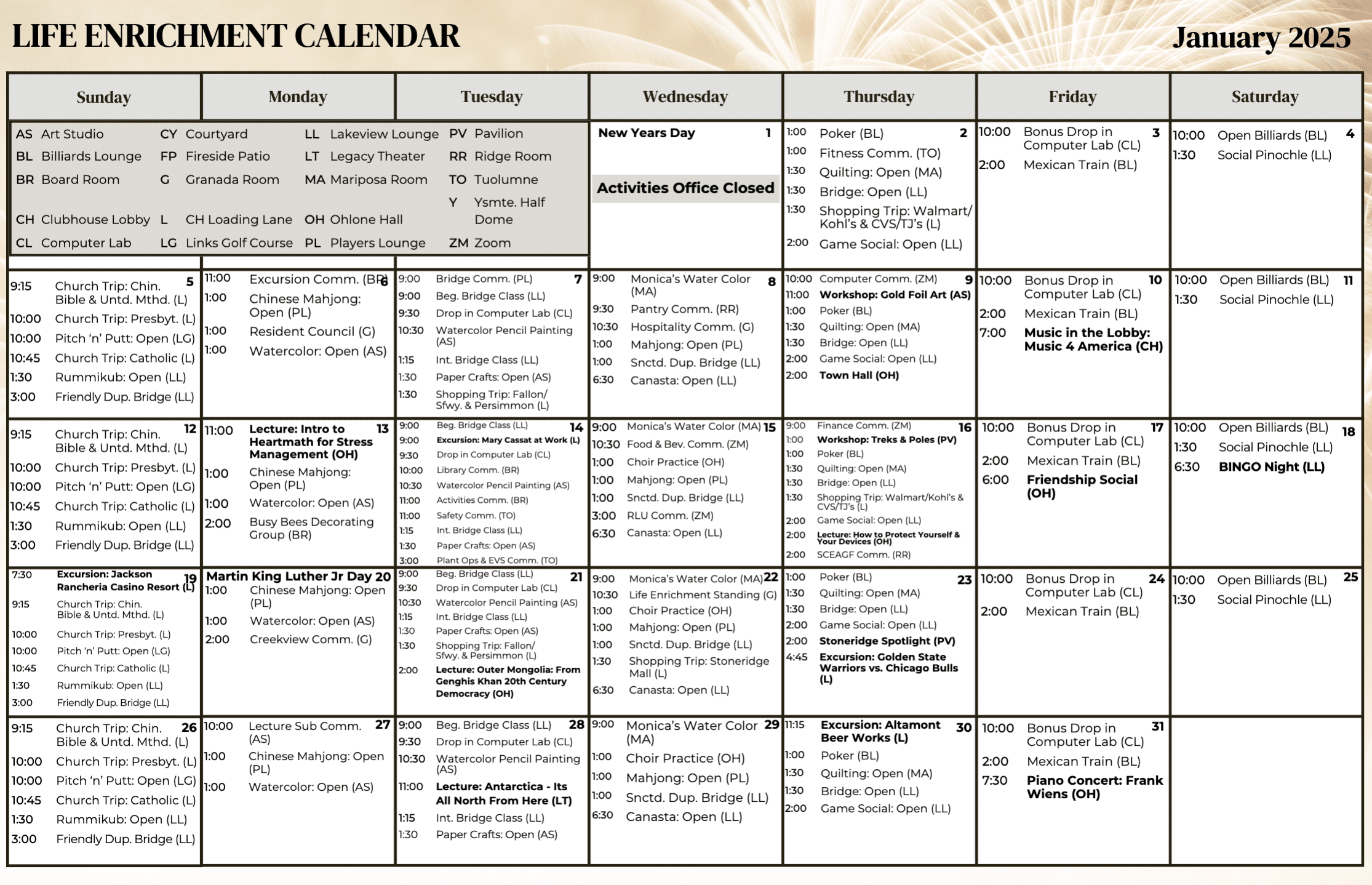 Activity Calendar for Stoneridge Creek January 2025