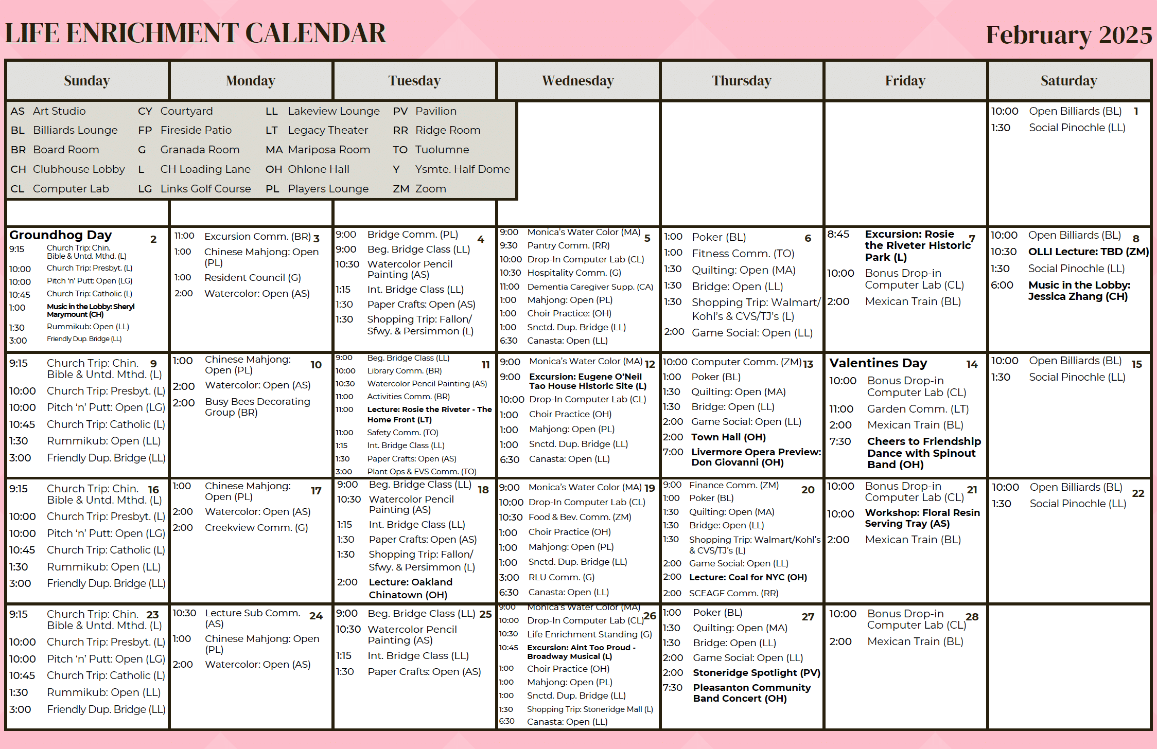 Life enrichment calendar for February