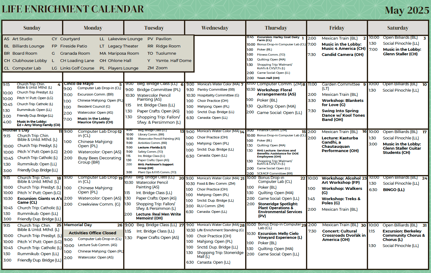 Stoneridge Creek May life enrichment calendar