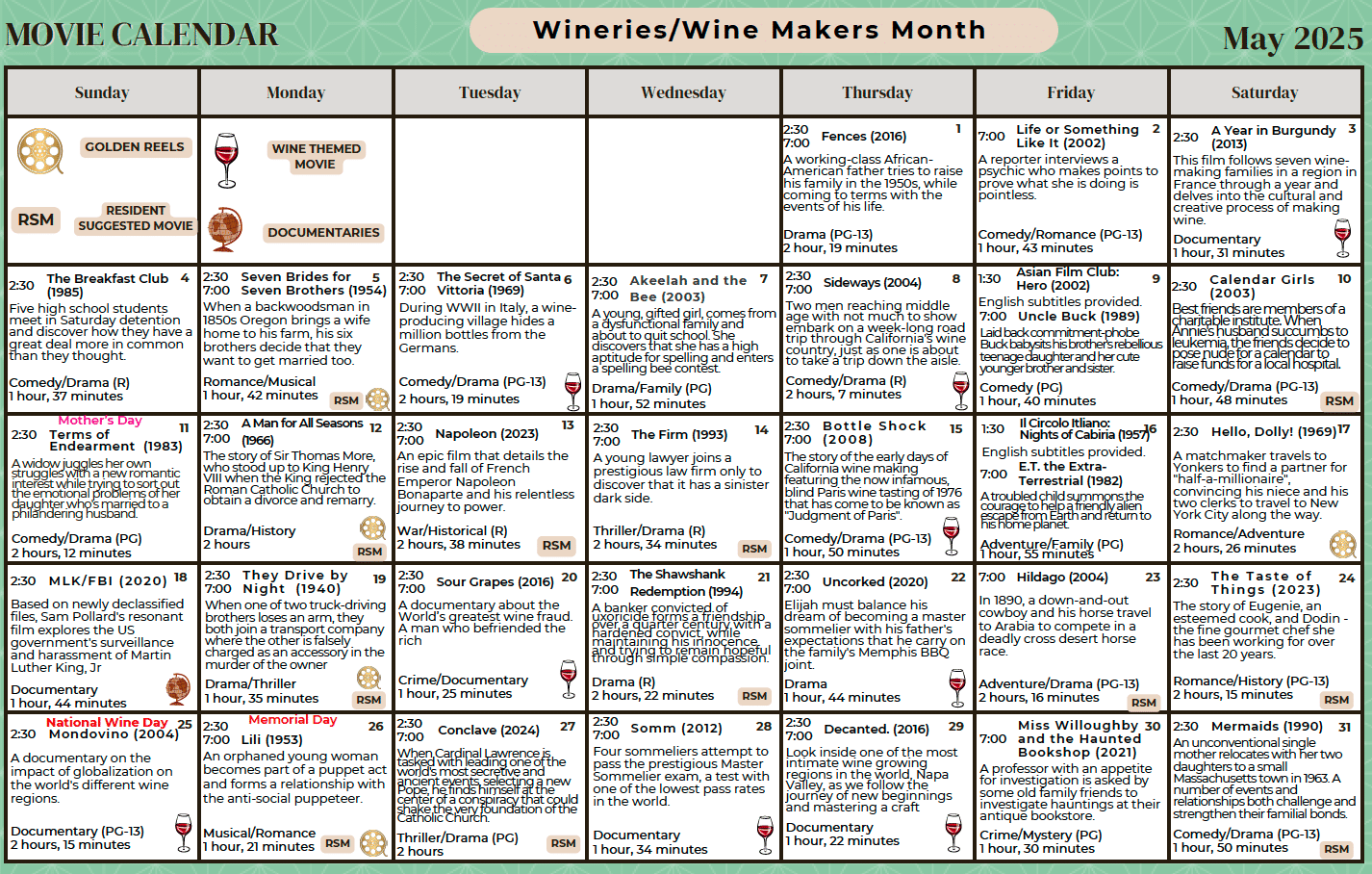 Stoneridge Creek May movie calendar