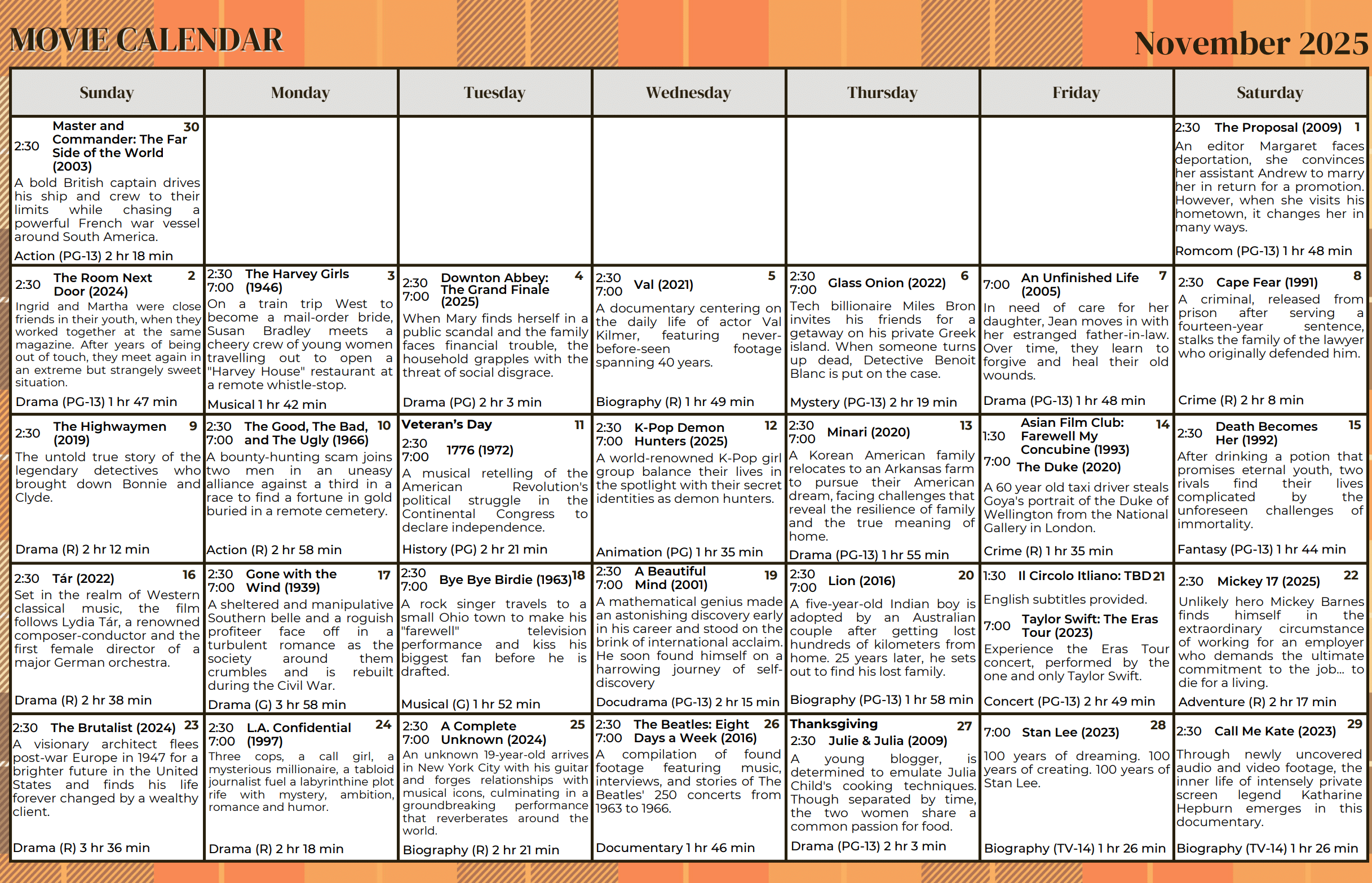 Stoneridge Creek Movie Calendar