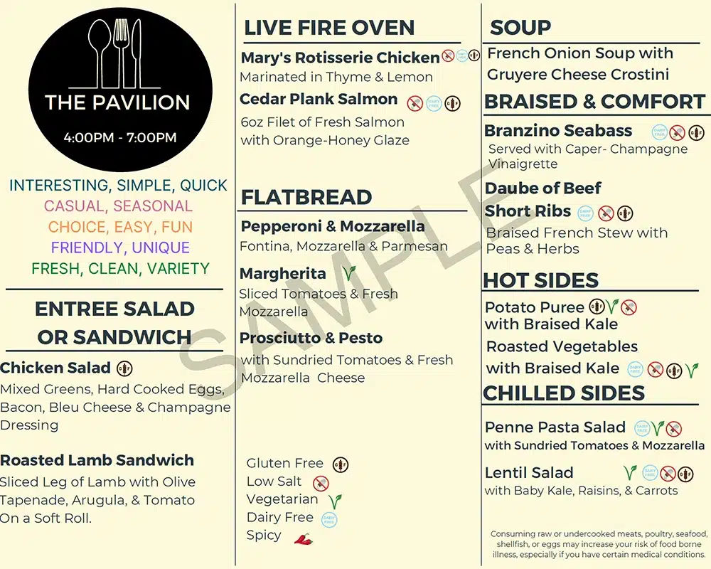 The Pavilion sample menu