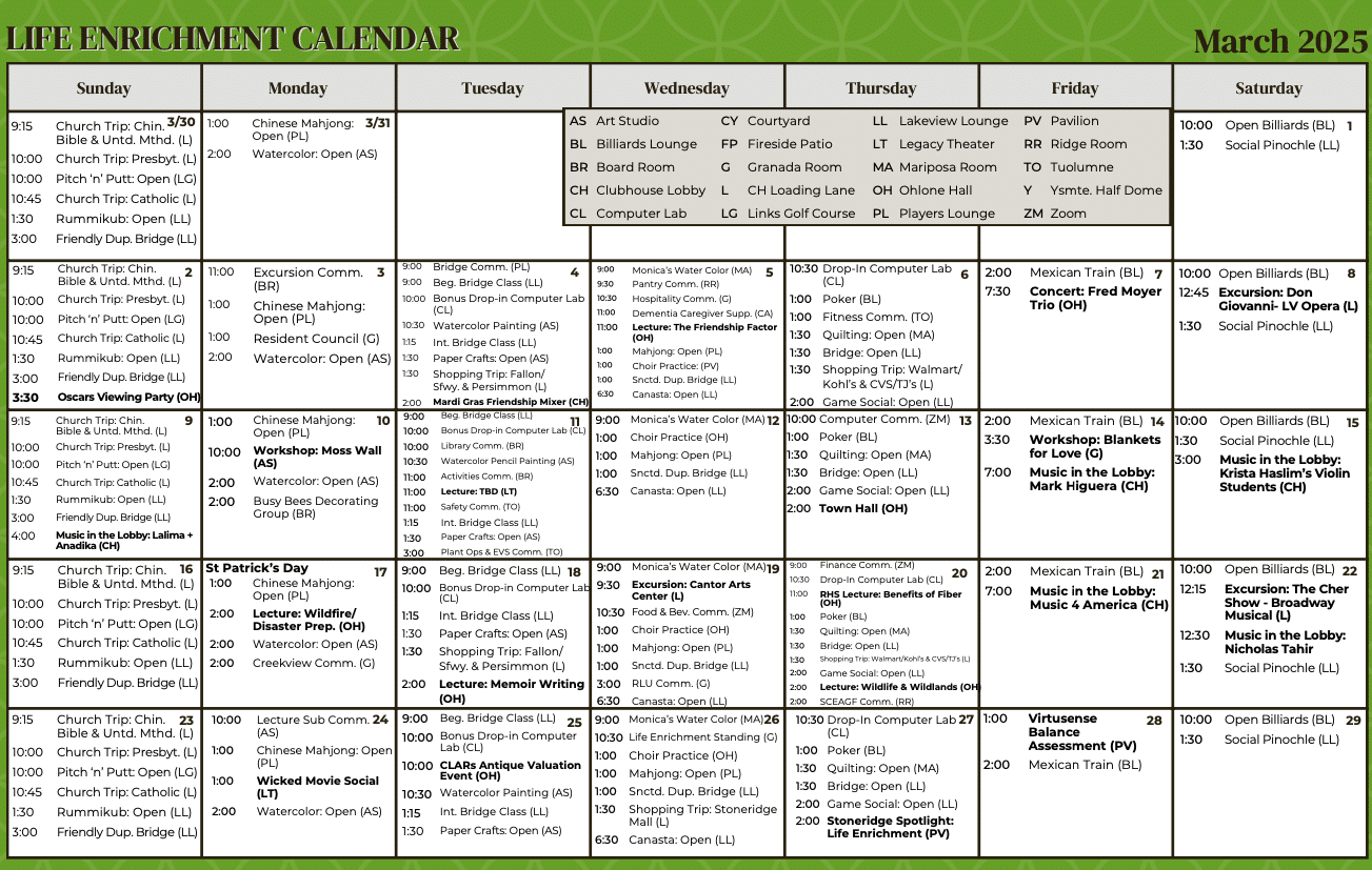 Life Enrichment March calendar