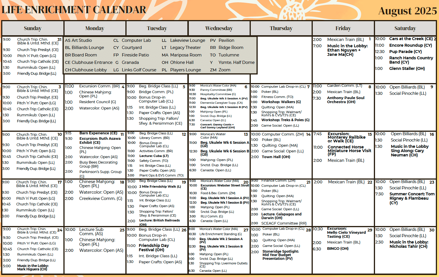 SRC Life Enrichment August calendar