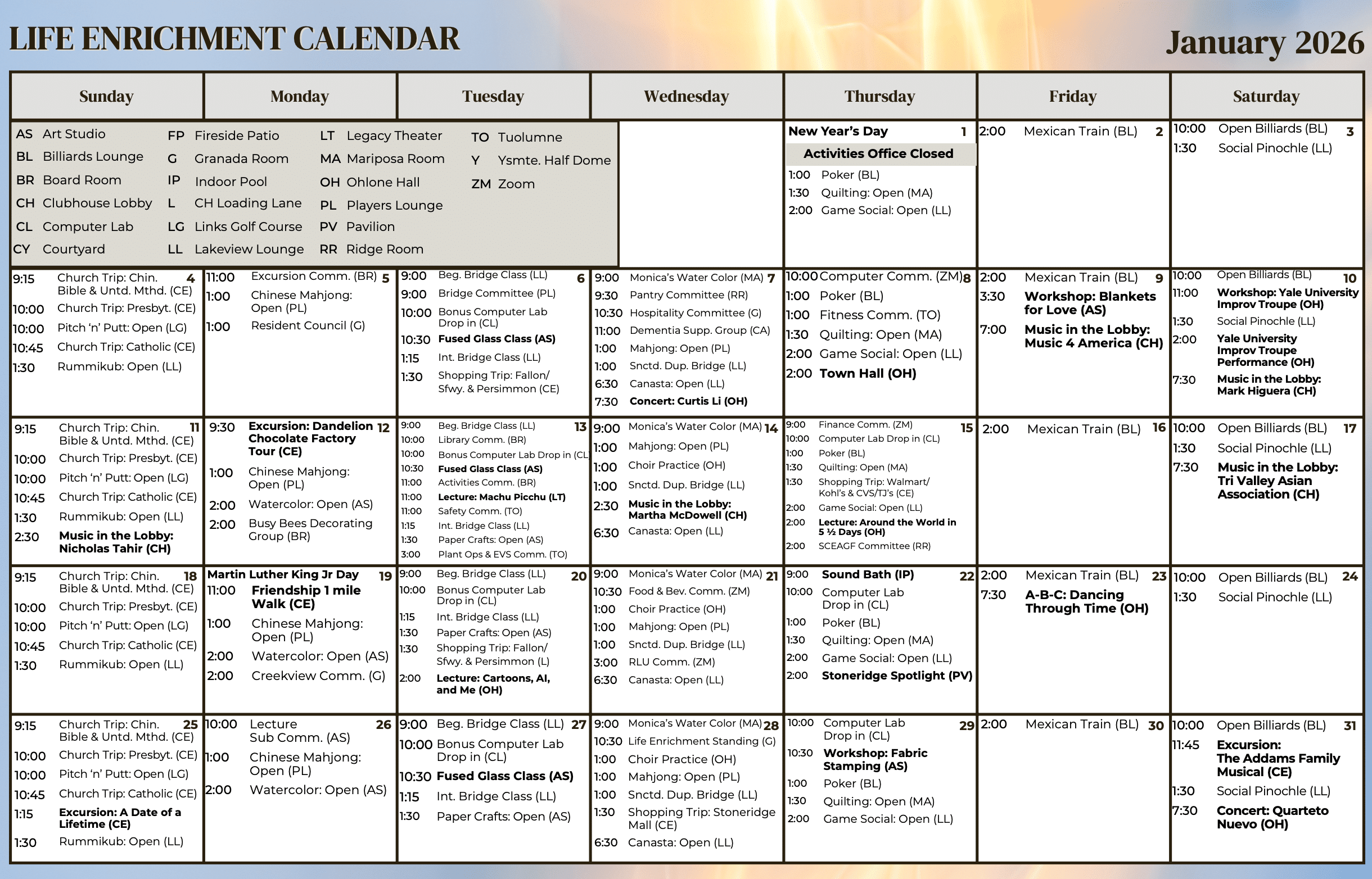 January Life Enrichment Calendar