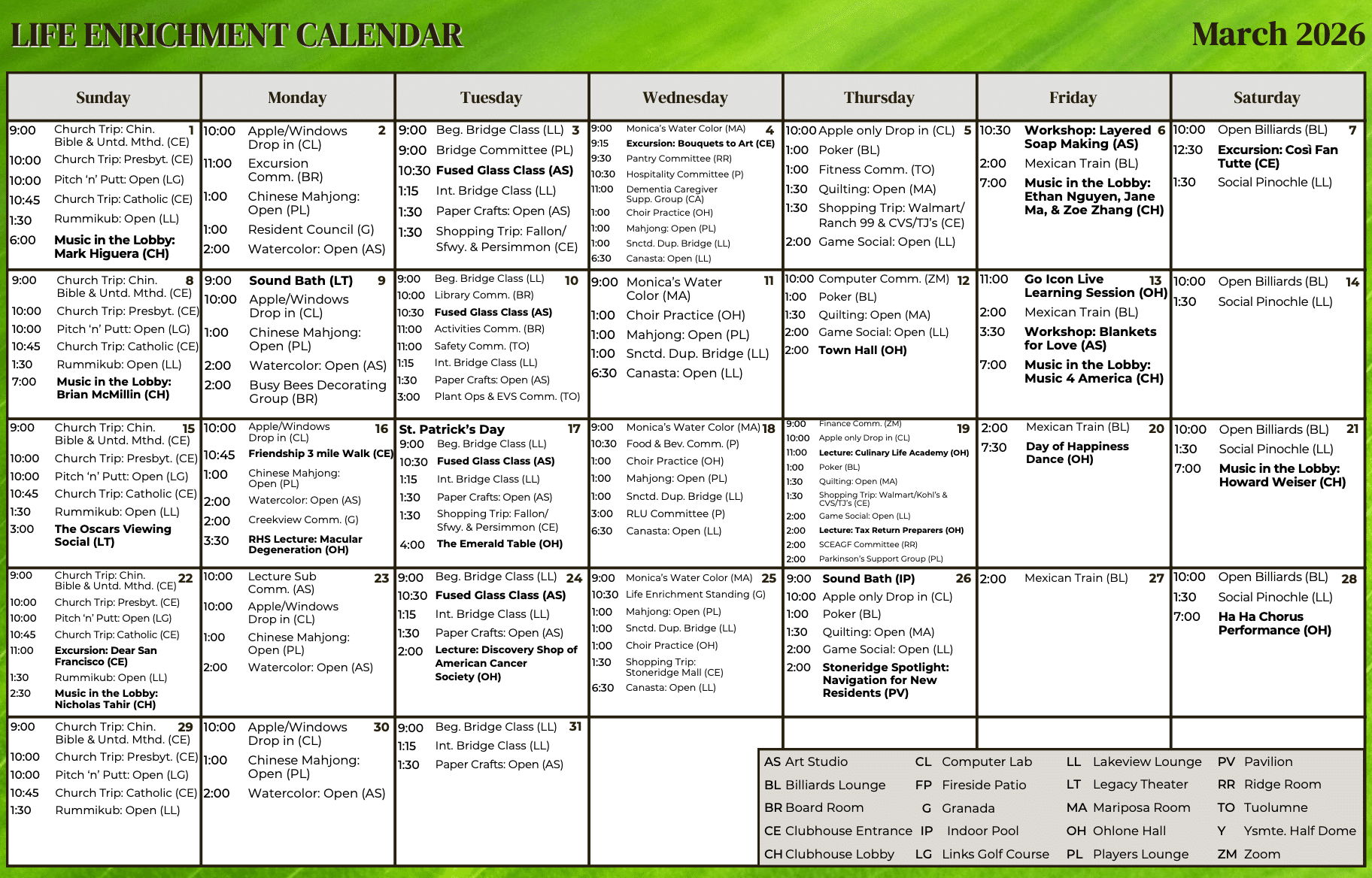 Stoneridge Creek Life Enrichment March Calendar Stoneridge Creek Life Enrichment March Calendar