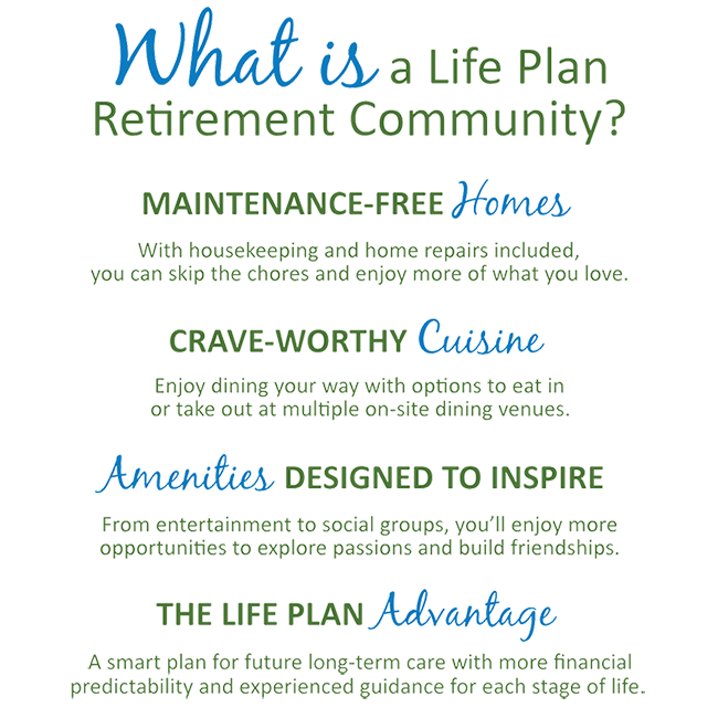 What is a Life Plan Retirement Community? Maintenance-free homes, crave-worthy cuisine, amenities designed to inspire, the life plan advantage.